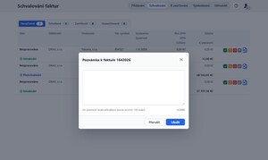 Okno poznámky umožňuje doplnit k faktuře informace pro další pracovníky, například vysvětlení nejasností nebo důvod zamítnutí. Poznámka se přenáší do účetního systému.
